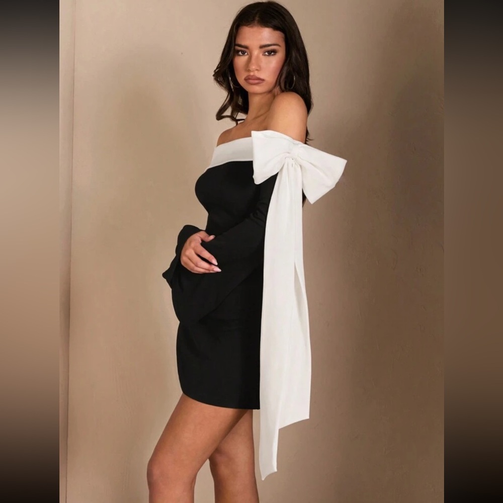 Black & White Bowknot Off-Shoulder Long Sleeve Mini Dress Size Medium NWT - Picture 4 of 10